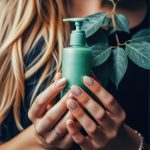 Close-up of hands holding a green cosmetic bottle, set against a background of fresh green leaves.